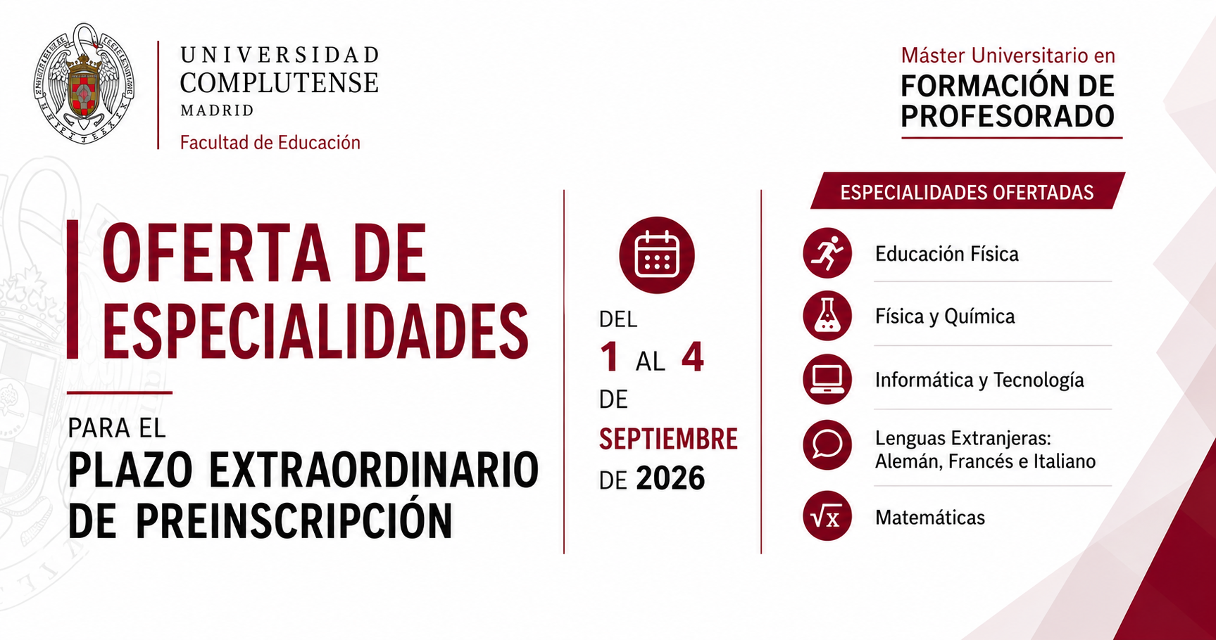 Especialidades disponibles en el plazo extraordinario de preinscripción